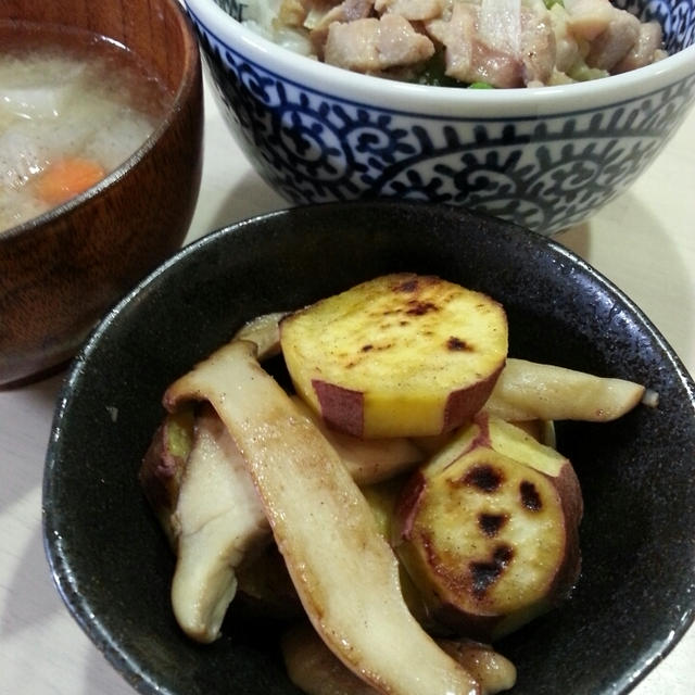 忙しい日の丼シリーズ。　エリンギとさつまいものソテーも。