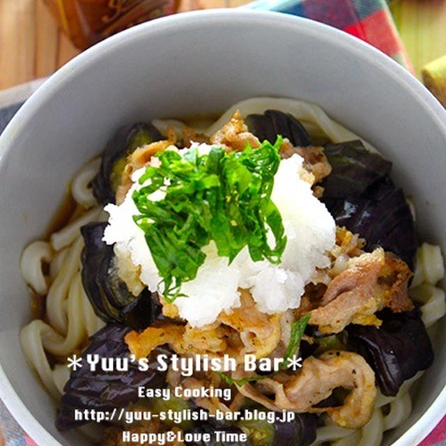 ツルッツルッと喉越し抜群♡彼も喜ぶガッツリ麺♡『揚げナスとカリカリ豚のおろしうどん』《簡単*節約》