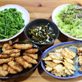 自家掘りタケノコと鶏ムネ肉のフライ、タケノコ姫皮とワカメの酢のもの、自家栽培ブロッコリーとレタス