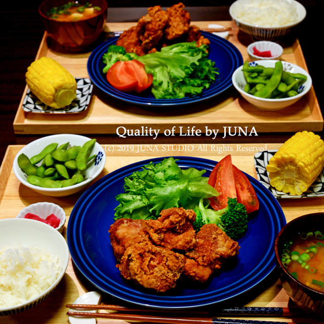 【盆ご飯】朝のお弁当のおかずが夜のから揚げ定食に(;´∀｀)