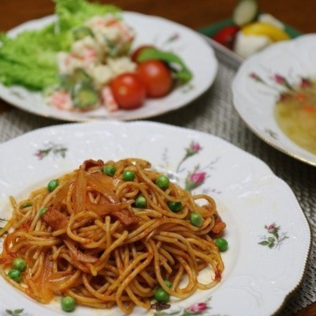 レシピ付き献立　スパゲティナポリタン・ポテトサラダ・野菜スープ・野菜のピクルス