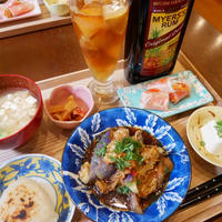マイヤーズラムのレモン氷&炭酸割りとレンチンなすのポン酢漬け