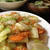野菜炒め(白菜人参大根)、ゆかりシーザーサラダ(小松菜水菜かいわれ)、蓮根焼き