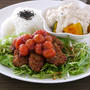 カリカリ豚ひき肉のサラダ仕立て。おかか豆腐ソースがけ蒸しかぼちゃ。の３月献立セット１日目。