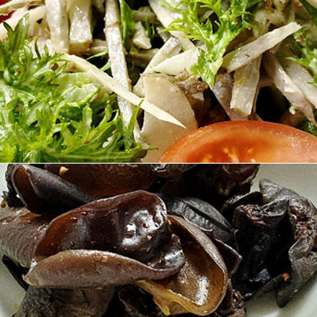 ゴボウとわさび菜のサラダ＆木耳の中華風炒め＆胡蝶蘭♪