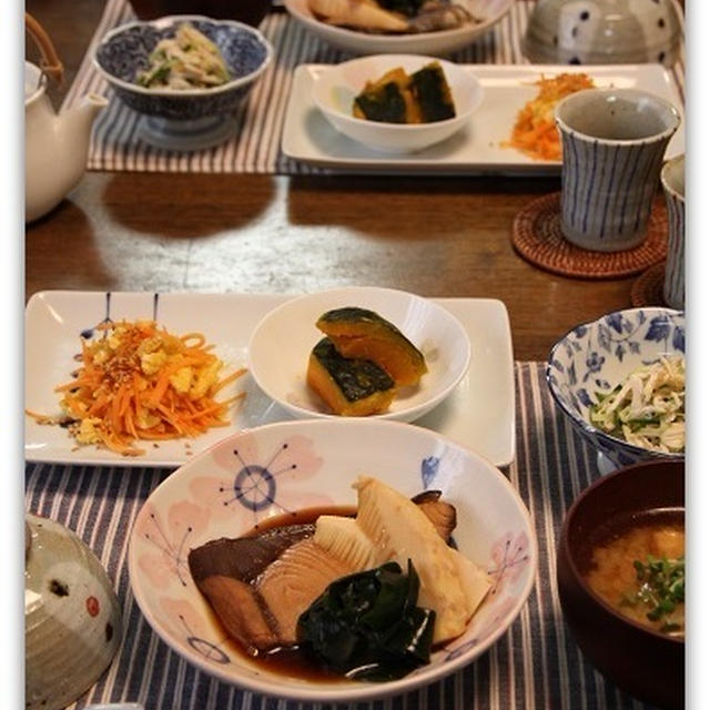 ぶりの煮つけ*生わかめとたけのこ添えの晩ごはん