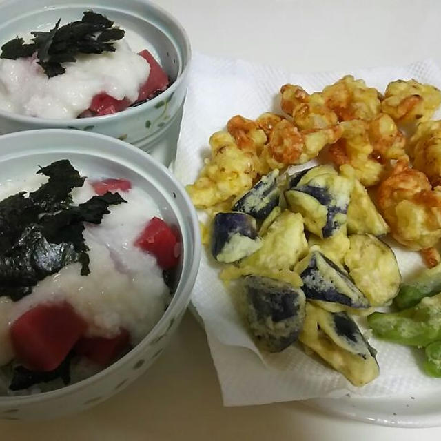 マグロの山かけ丼と天ぷら☆(´▽｀)