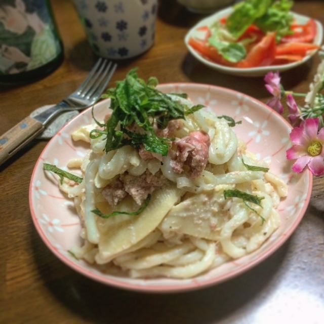 簡単☆うどんで竹の子とタラコのパスタ風