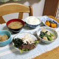 小松菜と鶏団子の塩ダレ炒めとかぼちゃの煮つけとごぼうサラダでうちごはん（レシピ付）