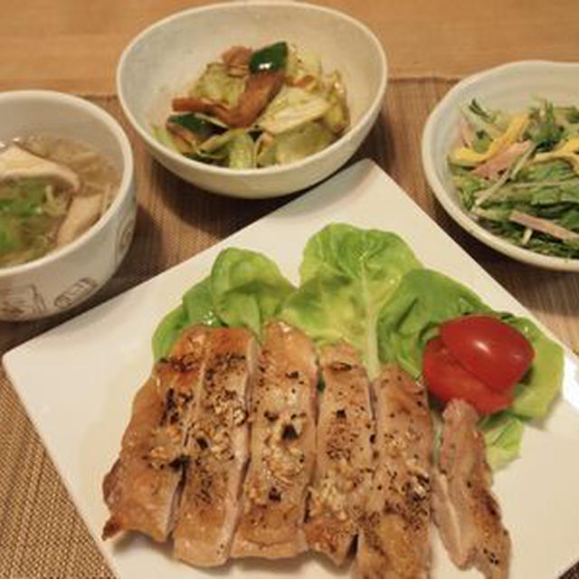 鶏もも肉のガーリック焼きで野菜たっぷりの晩ごはん