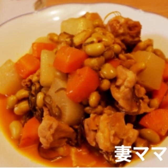 だししょうゆで簡単「大豆入り鶏大根煮」♪ Simmered Chicken