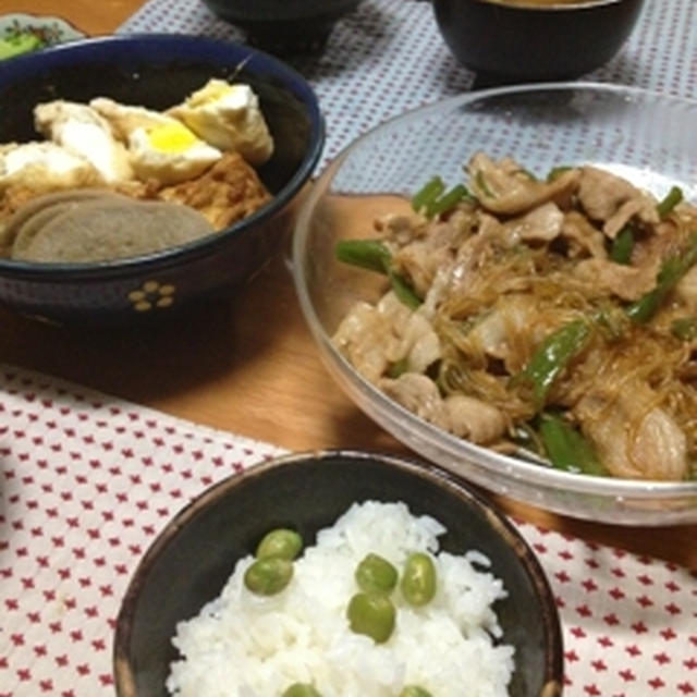 厚揚げと黒はんぺんの煮物・春雨と豚肉の炒め煮