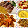 カジキマグロのフリット野菜マリネと、豆腐サラダ、鶏モモ肉ソテーのハニーマスタードソース