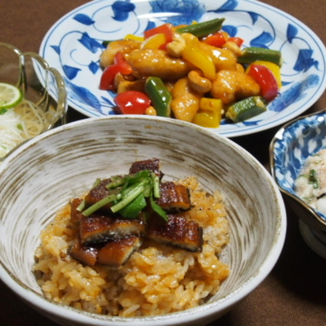 揚げ焼きで簡単酢鶏　　うなぎのひつまぶし風　　長芋の明太子和え　　すだちそうめん　　