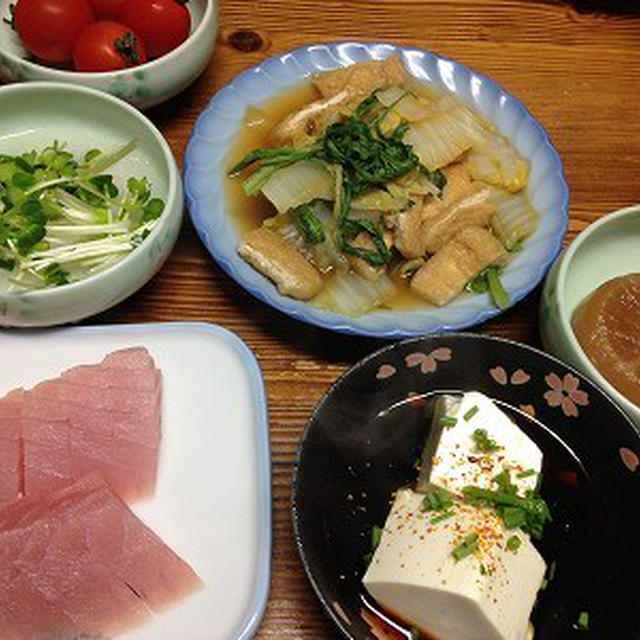 白菜と油揚げの煮物の晩ご飯、リクエストに応えてきなこの写真