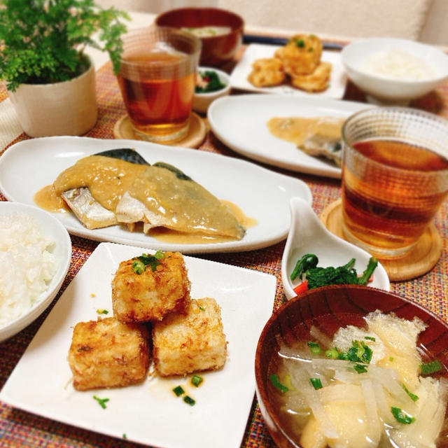 鯖の味噌煮と簡単揚げ出し豆腐の夕ご飯