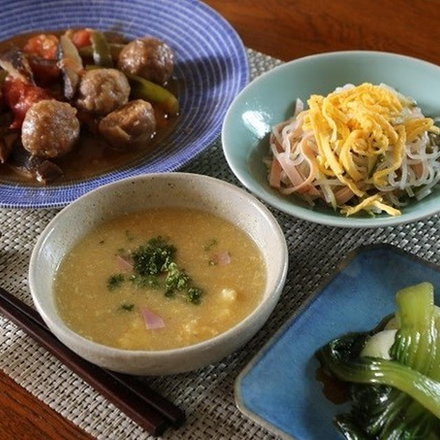 レシピ付き献立 肉団子のトマト煮 春雨とハムの甘酢和え 青梗菜に煮物 卵入りコーンスープ By かれん桜さん レシピブログ 料理ブログのレシピ満載