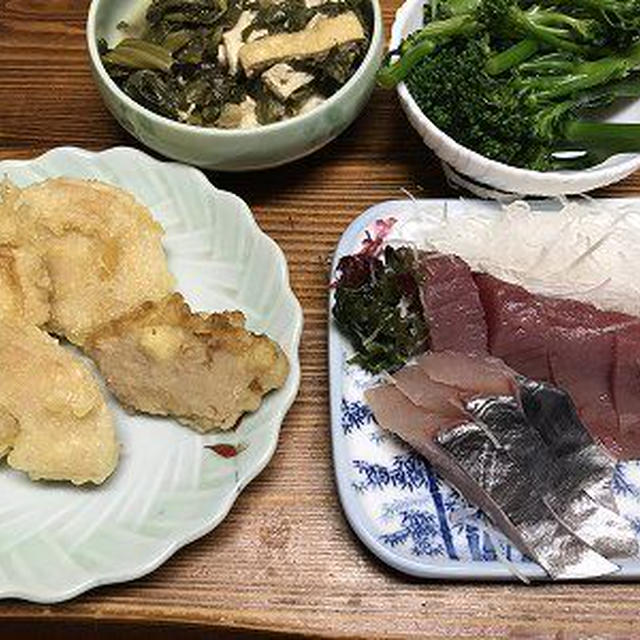 筍の天ぷらと鰆、鰹の刺身