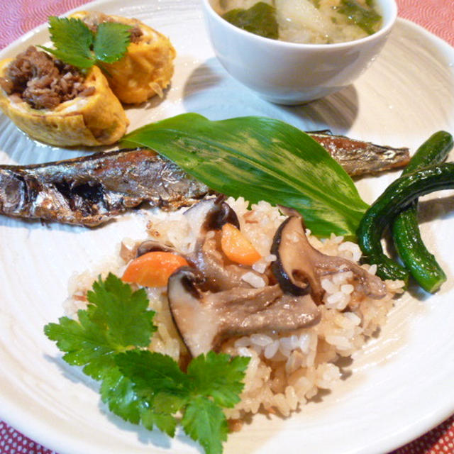 塩麹糠さんまと大黒本しめじとツナの炊き込みご飯の献立　夕ご飯（２日分）