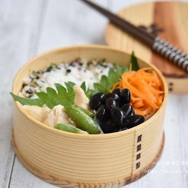 鶏むね肉とスナップえんどうの味噌炒め弁当*丸いお弁当箱の詰め方