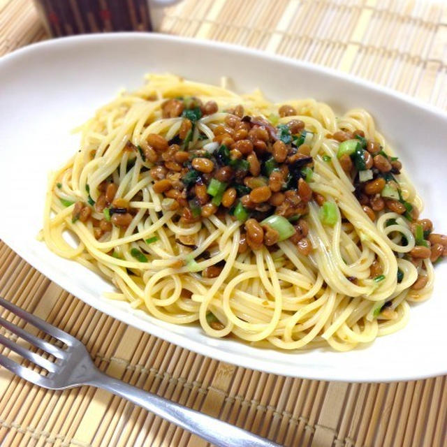 納豆と塩昆布のスパゲッティー