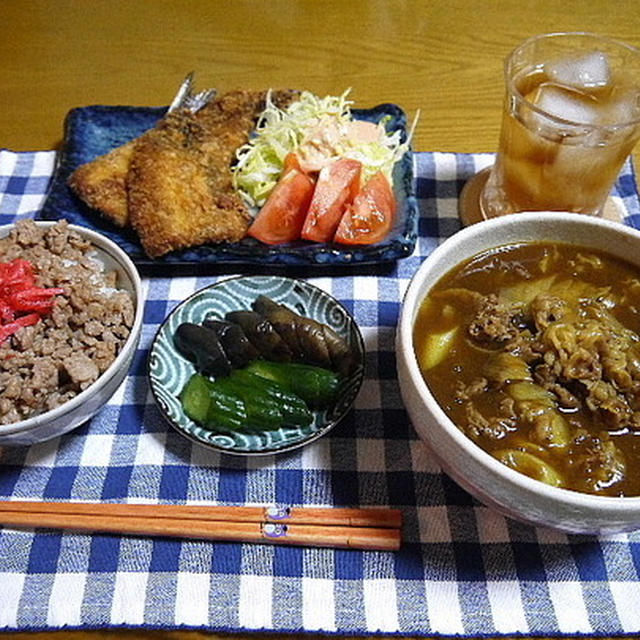 【夕食】牛肉カレーうどん・鶏そぼろご飯・いわしのフライ…