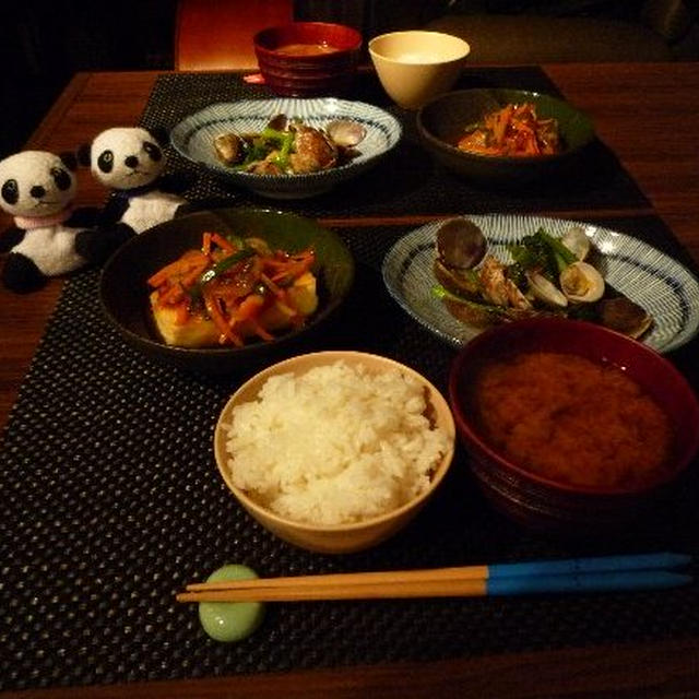 アサリと小松菜のアーリオ蒸し＆豆腐ステーキ野菜あん献立