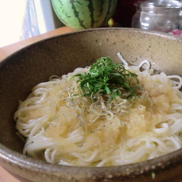 おろし大根とカリカリじゃこの冷や麦＊暑い日の3人ランチ