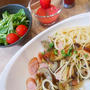 なすとソーセージのパスタ＆いちごのスープ
