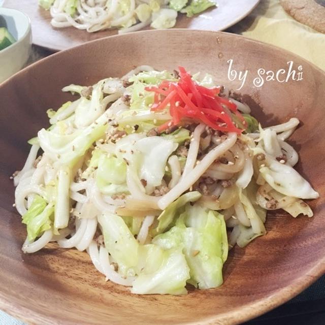 お昼ごはん☆讃岐うどんで2品　　『肉味噌とキャベツの焼うどん』『明太子釜揚げうどん』