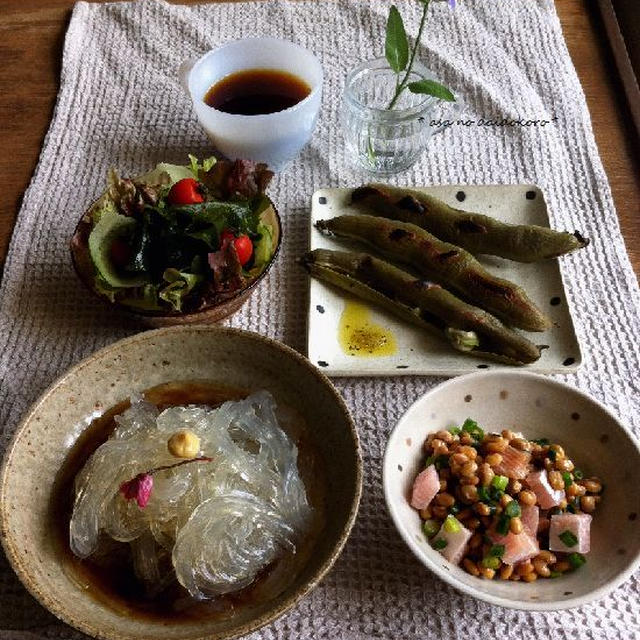 ところてんと焼き空豆の朝ごはん