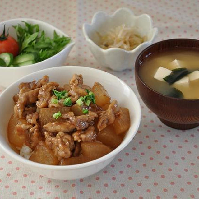 大根ともやしの献立♡大根と豚肉の照り焼き丼