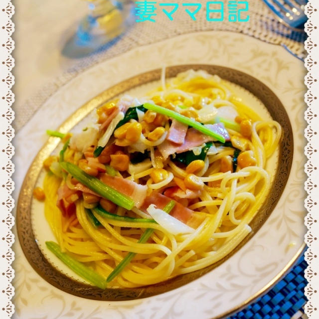 テスト期間中のランチ「コーン入りベーコンパスタ」♪