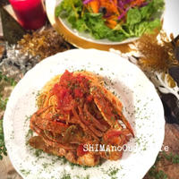 スパイスでお料理上手♪Xmasカラー♪ワタリガニのトマトパスタ