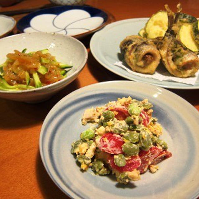 枝豆とプチトマトの卵サラダ＆夏天麩羅