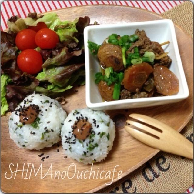 和カフェ風プレートでおうちカフェ セリとじゃこのオニギリ＆肉じゃが