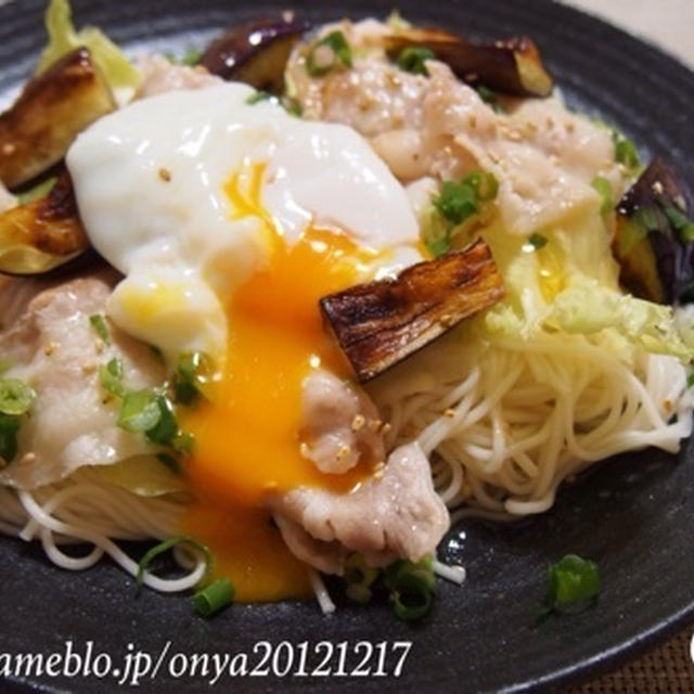 【白だし×オリーブオイル】焼きなすと冷しゃぶのサラダ麺♪