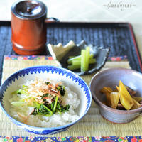 葉わさびのかつお節がけご飯、山菜づくしの朝ごはん♪