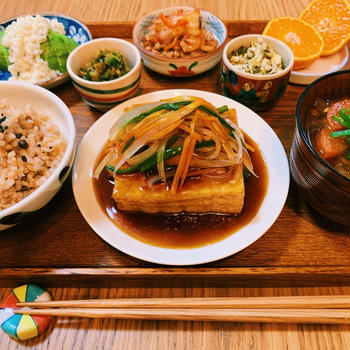 今宵の晩ごはん　厚揚げの甘酢餡かけ定食