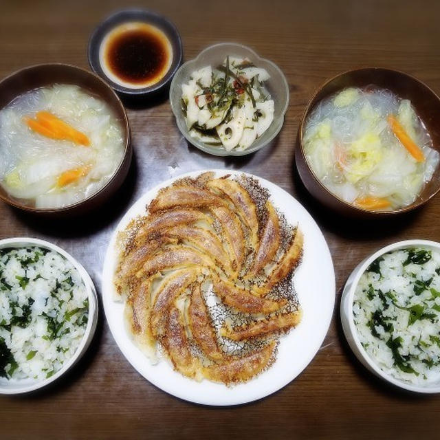 【家ごはん】 わかめご飯と餃子の献立 *ドラマ おいしい給食