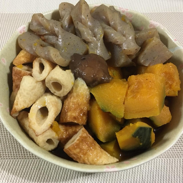 南瓜と竹輪とこんにゃくの煮物♪ ほうれん草とえのきのごま和え♪ 赤魚の西京漬け♪