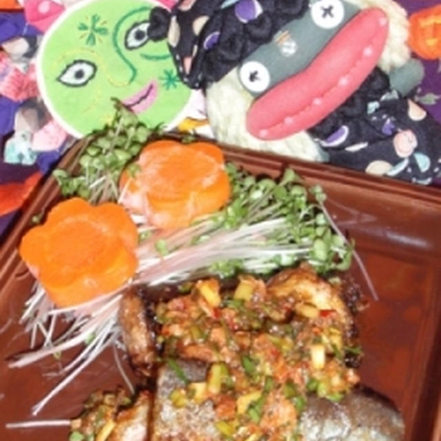 秋刀魚のピリ辛ネギソース＆アスパラとコーンのツナサラダ（お家カフェ）