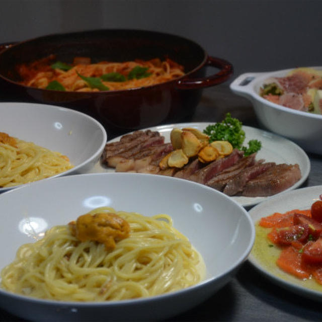 ストウブで「パスタとステーキ」お誕生日お祝い。