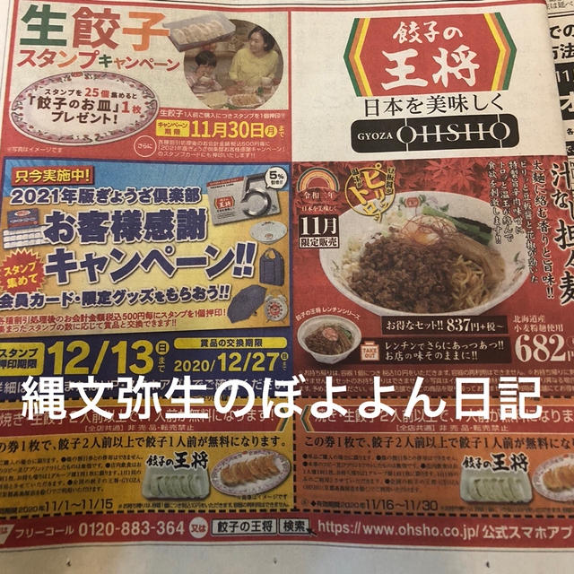 餃子の王将　11/1 朝刊　広告欄　餃子2人前以上で1人前無料クーポン　