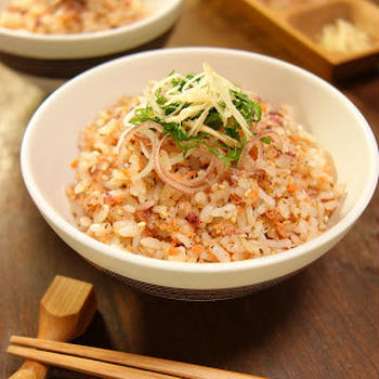 Cooked rice with added salmon flakes and dried pickled Japanese apricot paste to garnish with Japanese ginger, ginger, green prilla for your preference  -Recipe No.1531【English】