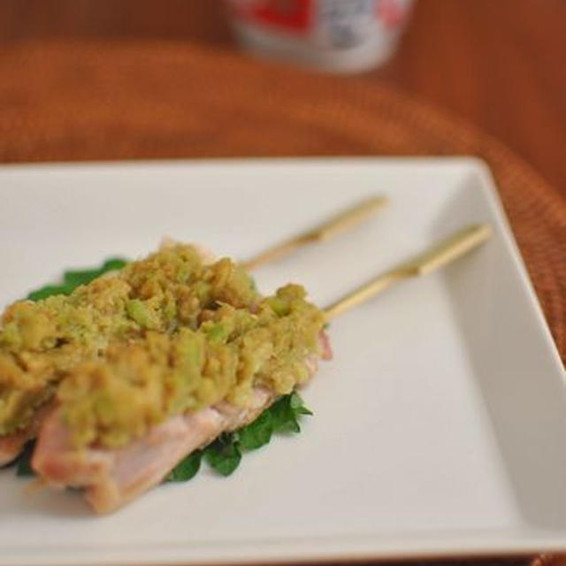 ずんだ味噌で若鶏の串焼き