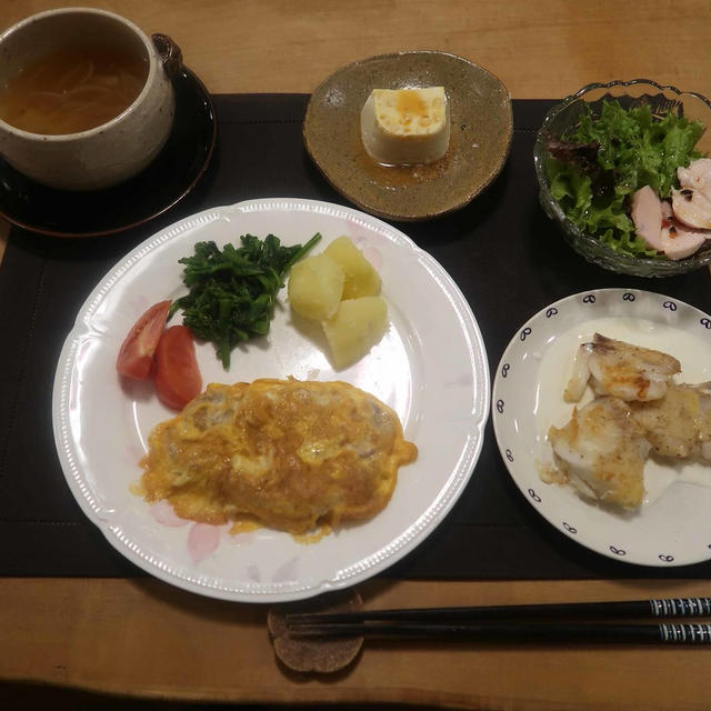 豚テキピカタ風と鱈のムニエルの晩ご飯と　ニゲラ・スパイダー・カンパニュラの花♪