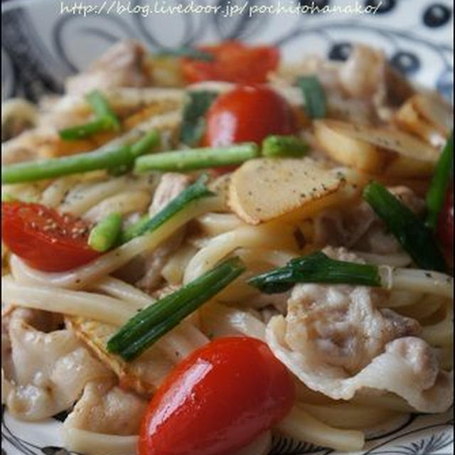めんつゆで簡単！たけのこと豚肉の焼きうどん＜レシピ＞