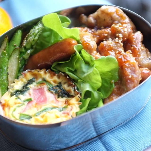 豚肉の生姜焼き弁当♪　お弁当に！ほうれん草とベーコンのキッシュ♪