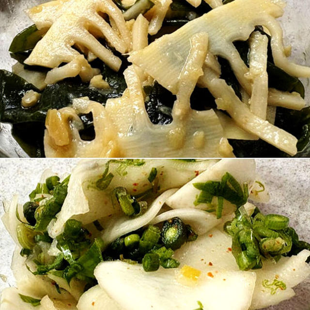 タケノコとわかめのニンニク味噌和え＆カブとみょうがたけの浅漬け♪